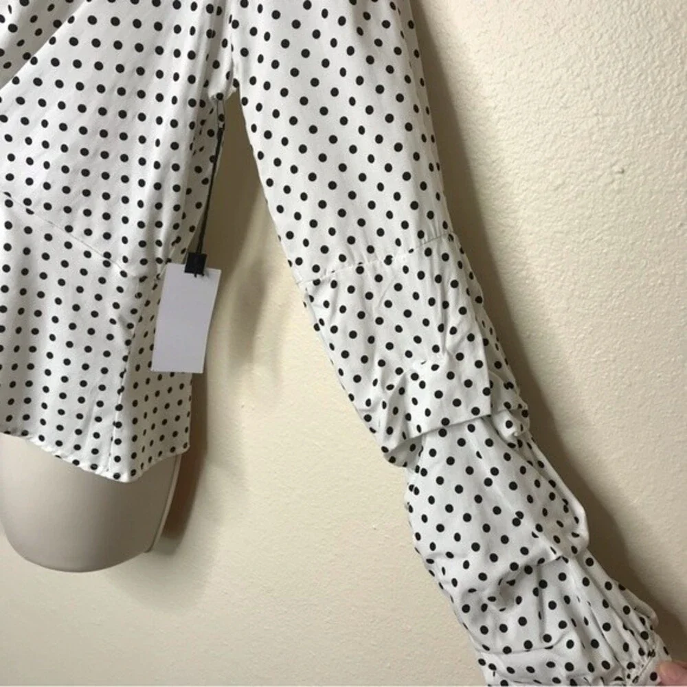 NWT Astr White Black Polka Dot Surplice Neck Gather Puff Long Sleeve Women Large